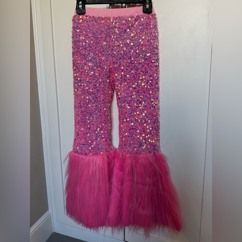 NEW Hot Pink Sequin Flare Pants with Faux Fur